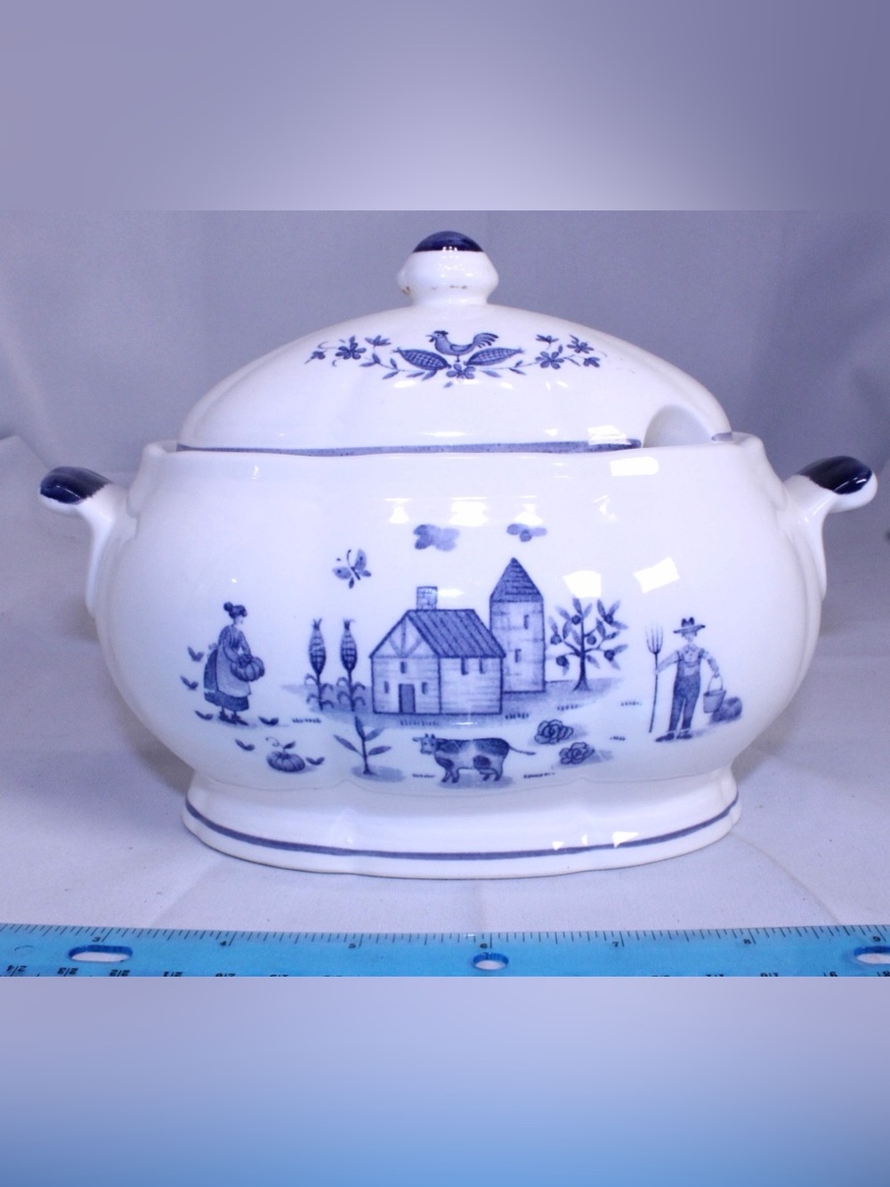 Vintage Delft-Style Blue & White Ceramic Soup Tureen with Lid Country Farmhouse